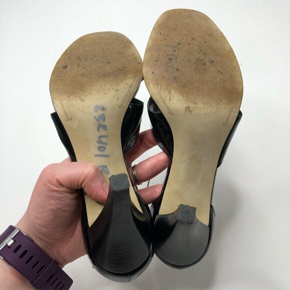 Franco SARTO Shiny Black Silver Patent Leather T-Strap Colorblock Sandal Heels - Picture 11 of 13